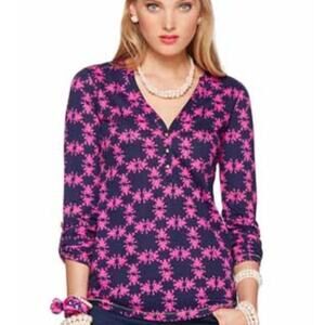 Lilly Pulitzer Silk Janelle Top in Get Hoppy XS Navy Blue Blouse Pink Print Twee